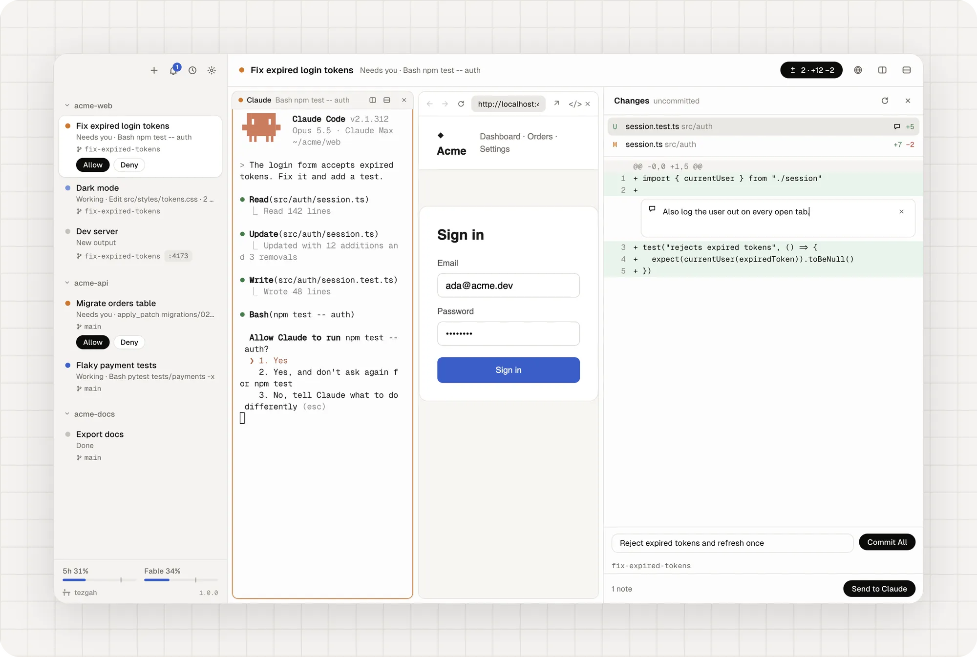 The Changes panel with a note for Claude on a line, a commit message and Commit All
