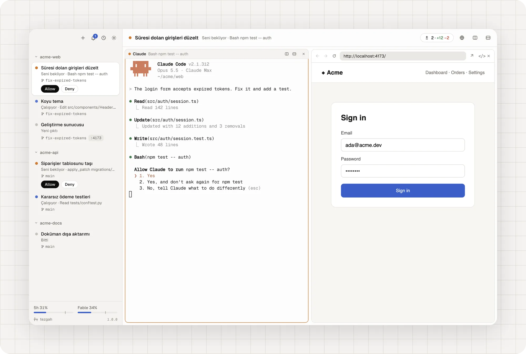 Üç projede altı oturumla Tezgah; testleri çalıştırmak için izin isteyen bir Claude oturumu ve yanında tarayıcı panelinde açık uygulama