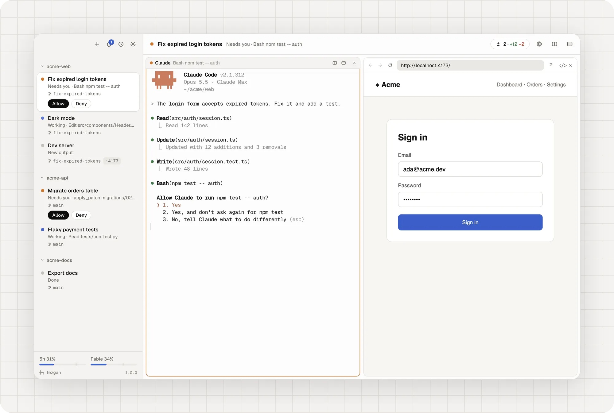 Tezgah with six sessions across three projects, a Claude session asking to run tests, and the app beside it in a browser pane